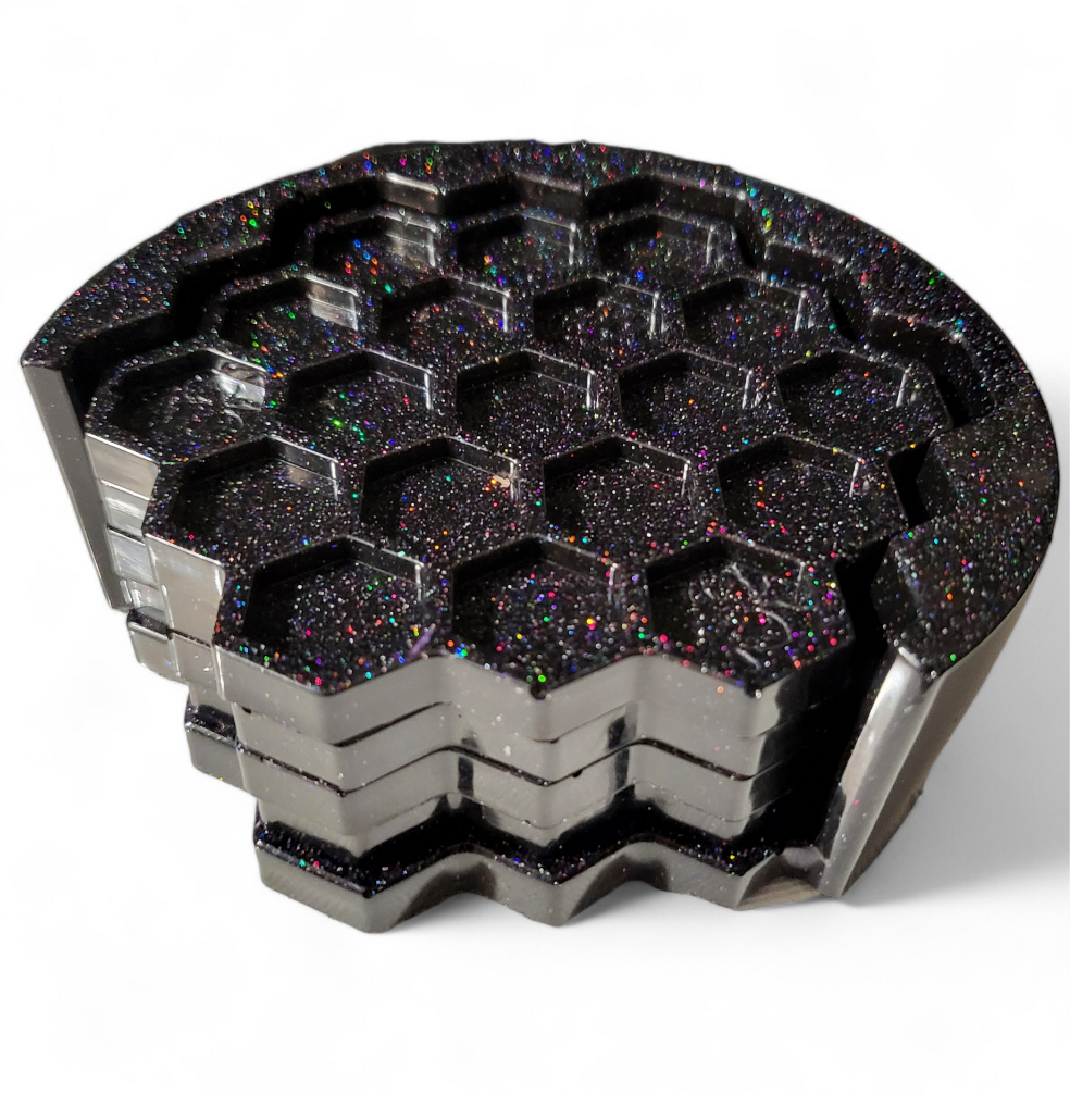 Honeycomb Coasters & Holder - Black Glitter