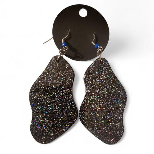 Large Blobby Earrings - Black Glitter