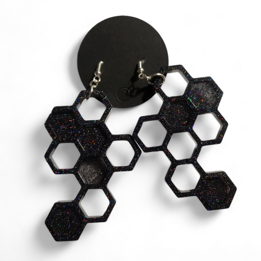 Large Honeycomb Earrings - Black Glitter