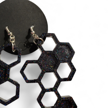 Large Honeycomb Earrings - Black Glitter