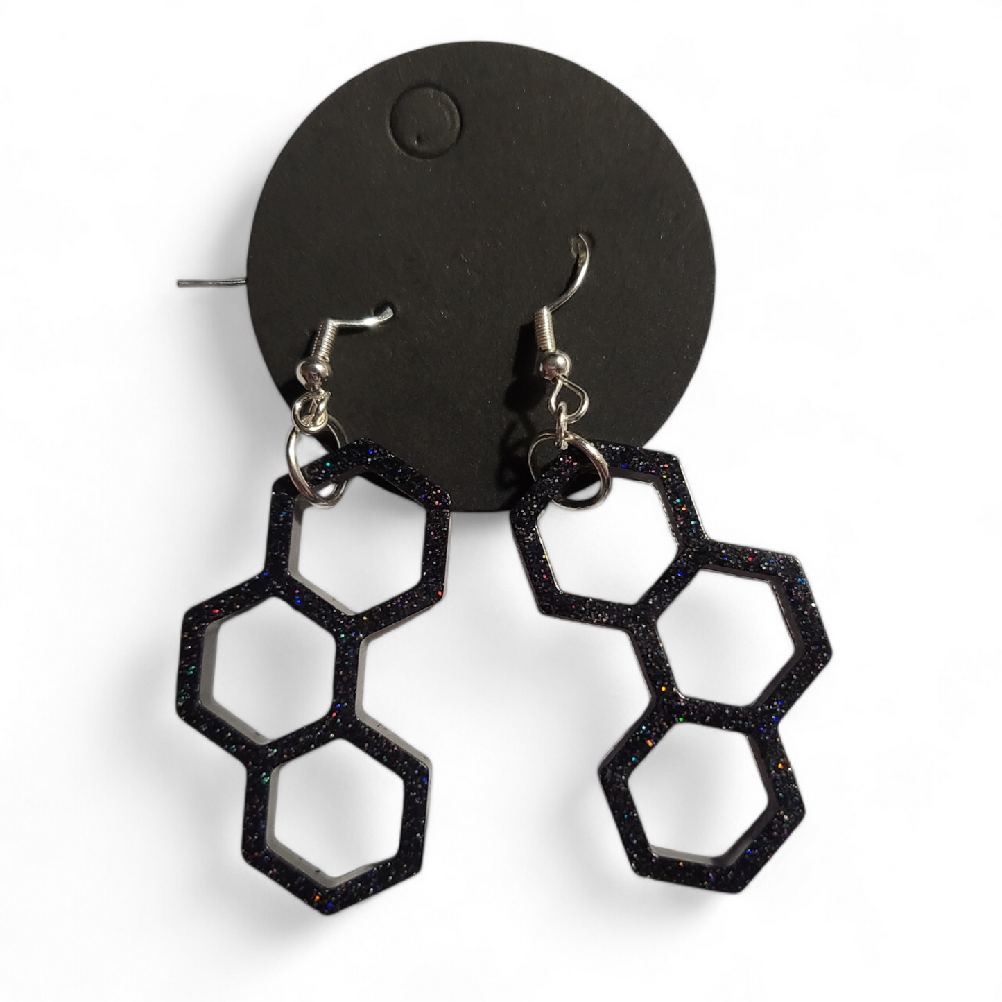 Small Honeycomb Earrings - Black Glitter