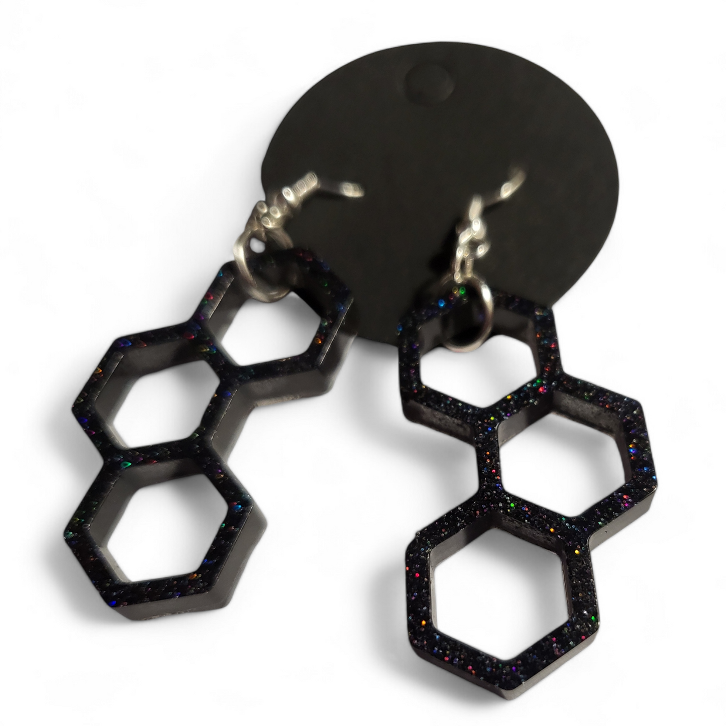 Small Honeycomb Earrings - Black Glitter