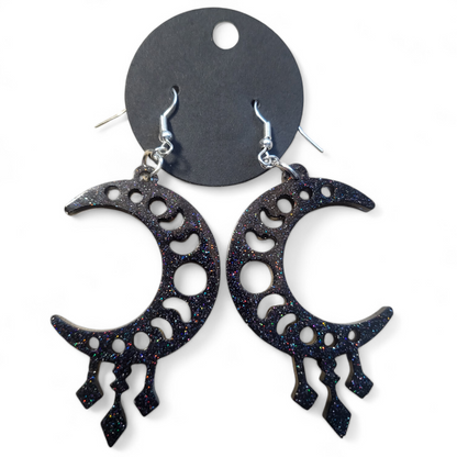 Crescent Moon Earrings - Black Glitter