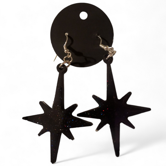 Pointed Star Earrings - Black Glitter