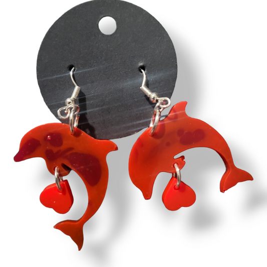 Dolphin With Hearts Earrings - Red