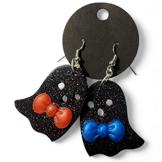 Ghost Earrings - Black Glitter w/ Bowties