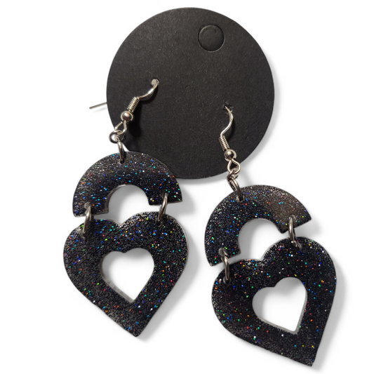 Heart Bridge Earrings - Black Glitter