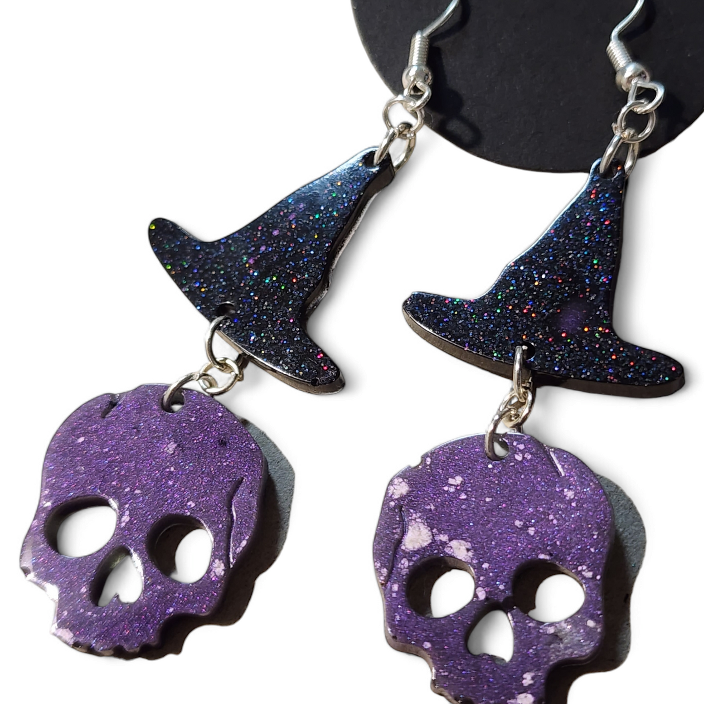 Skull w/ Hats Earrings - Black Glitter & Purple