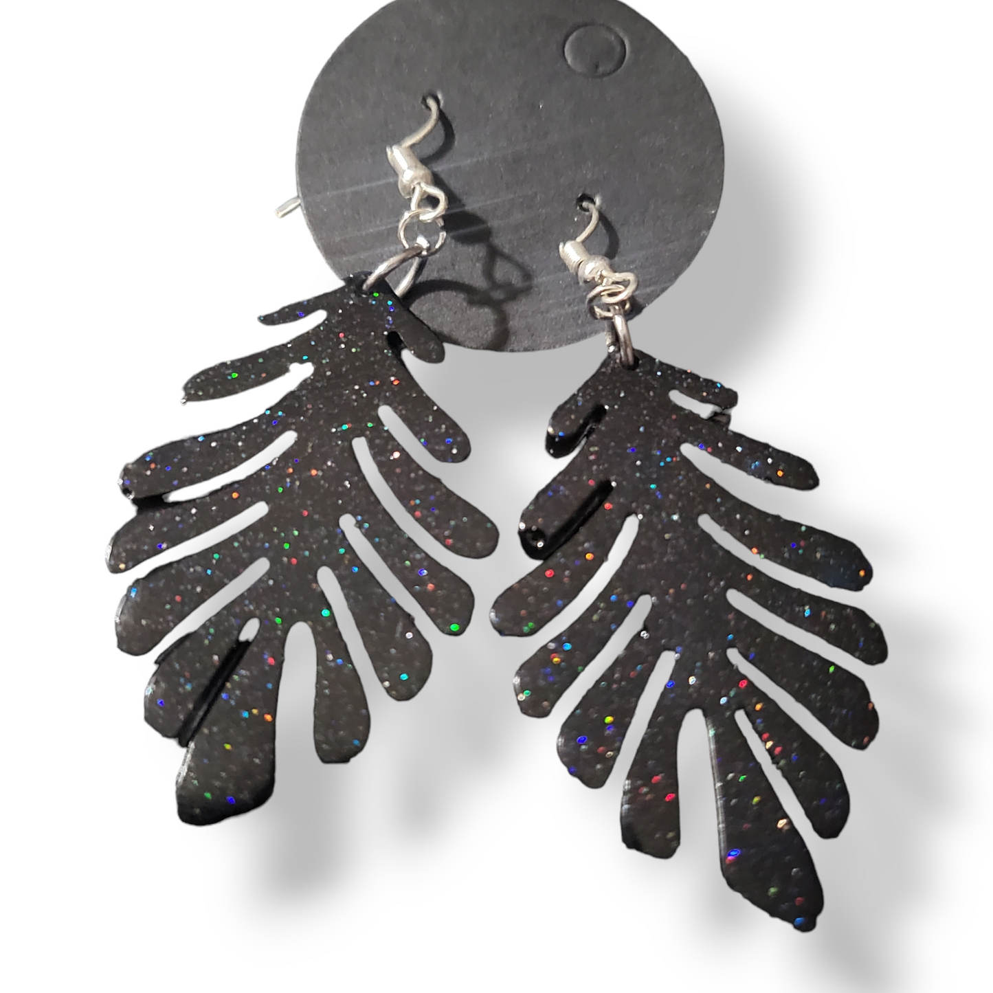 Large Leaf Earrings - Black Glitter