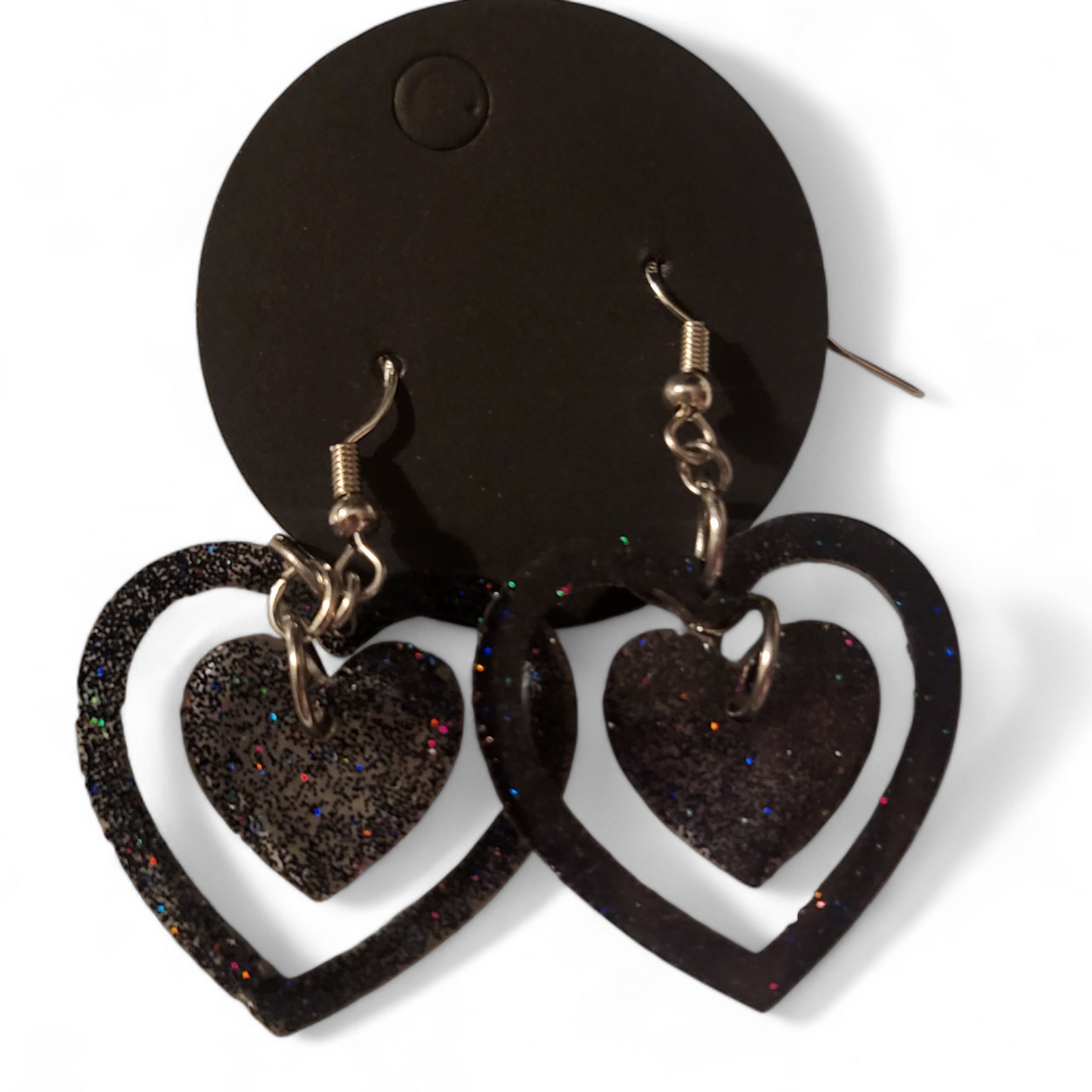 Dangly Heart in Hearts Earrings - Black Glitter