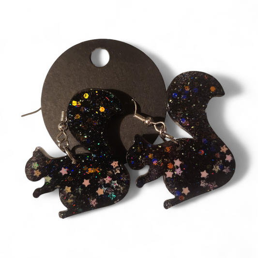 Squirrel Earrings - Black Starry Glitter