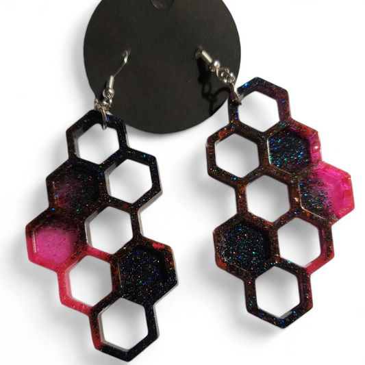 Honeycomb Earrings - Pink w/ Black Glitter