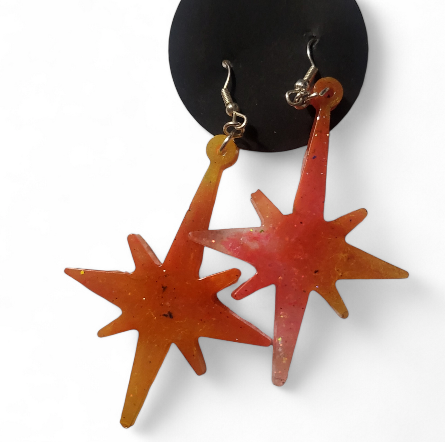 Pointed Star Earrings - Orange w/ Glitter