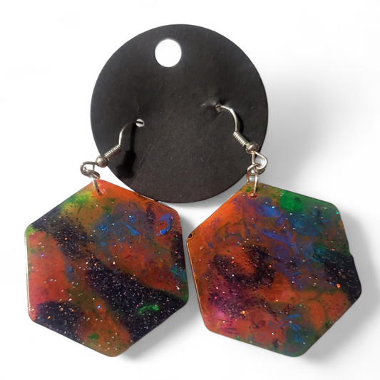 Large Hexagon Earrings - 90s Galaxy w/Glitter