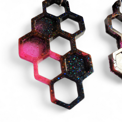 Honeycomb Earrings - Pink w/ Black Glitter