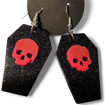 Coffin Earring w/ Skull - Black Glitter & Pink