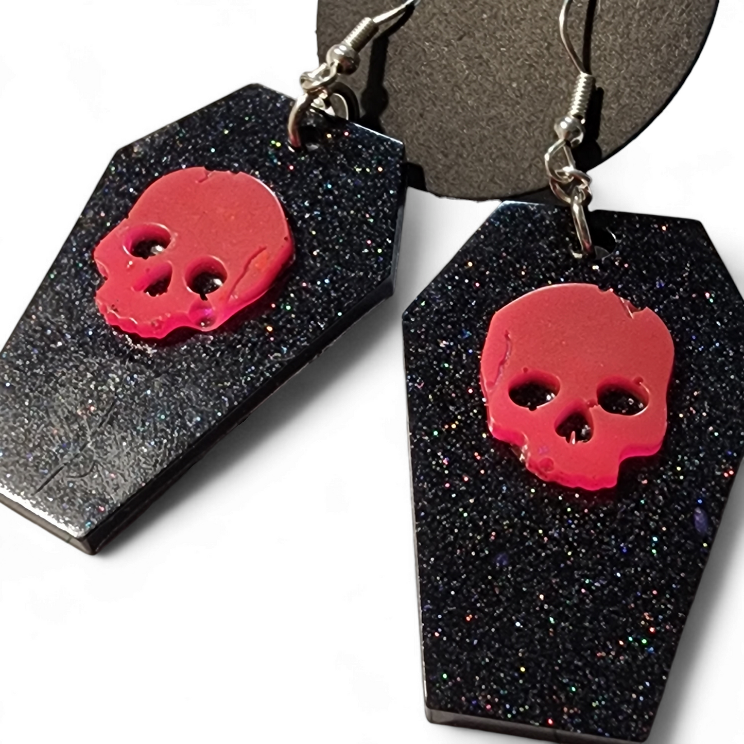 Coffin Earring w/ Skull - Black Glitter & Pink