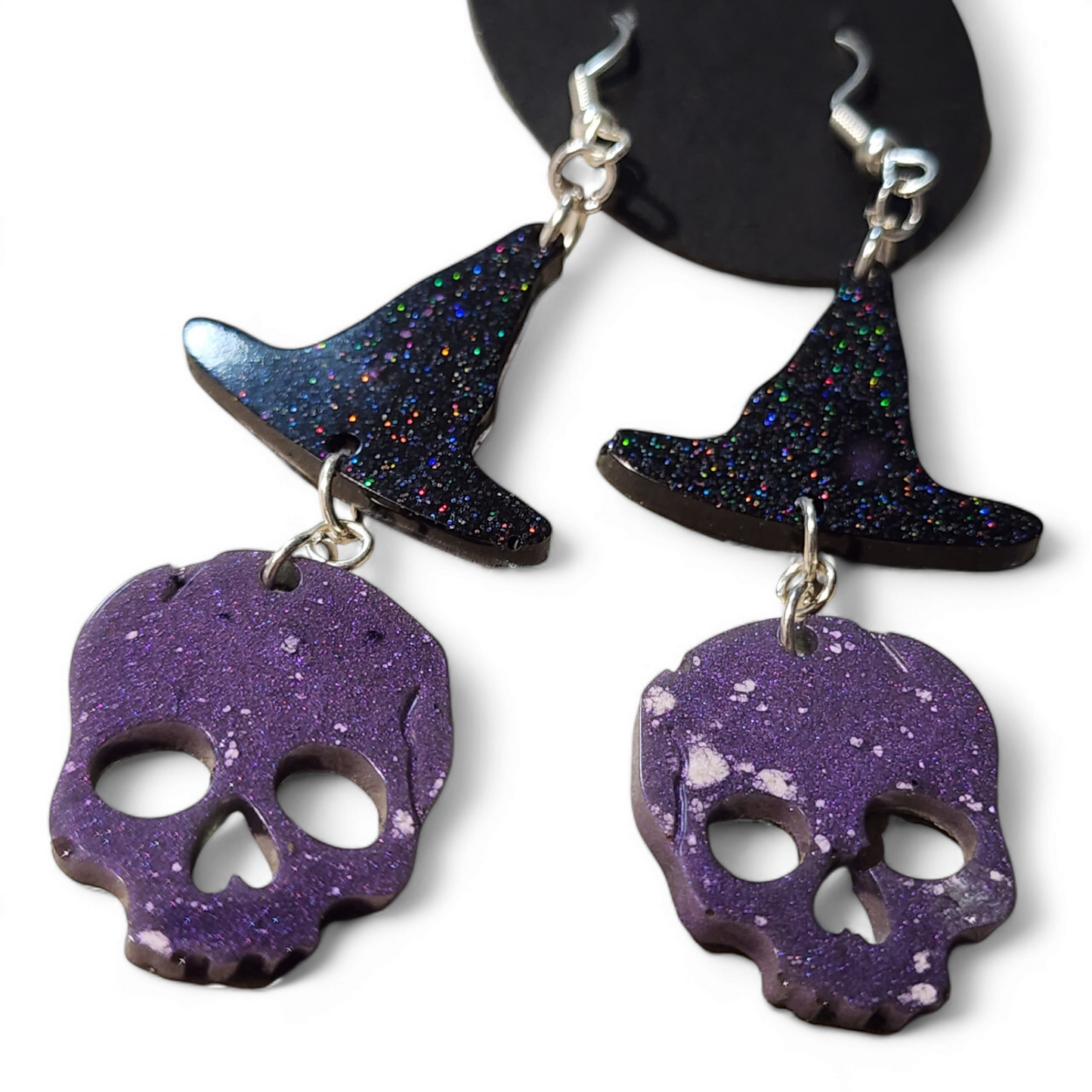 Skull w/ Hats Earrings - Black Glitter & Purple