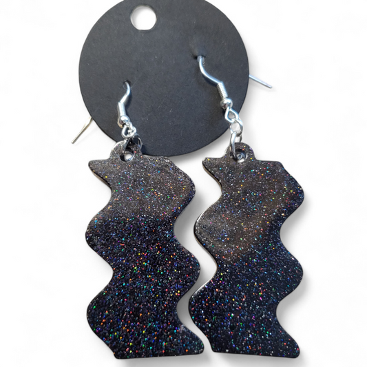 Large Wavy Earrings - Black Glitter