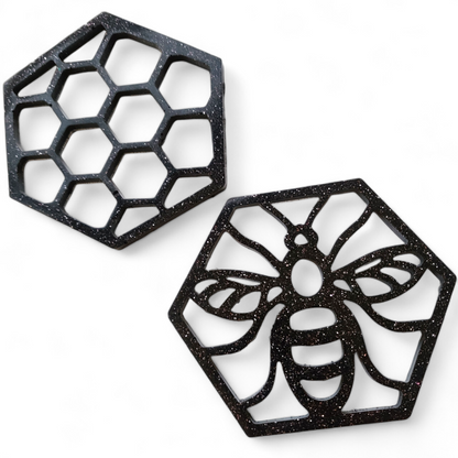 Bee Coaster Set - Black w/ Pink Glitter