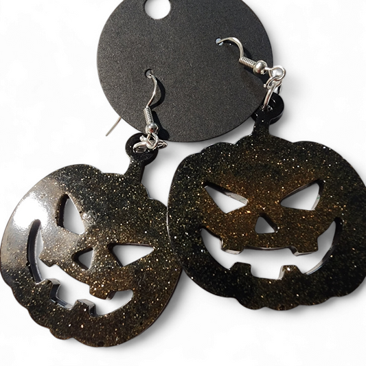 Jack-ho-lantern Earrings - Black w/ Orange Glitter