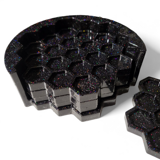 Honeycomb Coasters & Holder - Black Glitter