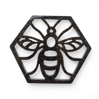 Bee Coaster Set - Black w/ Pink Glitter