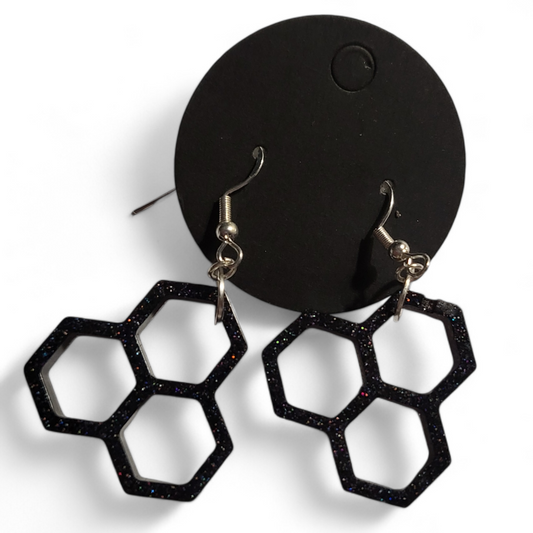 Small Honeycomb Earrings - Black Glitter